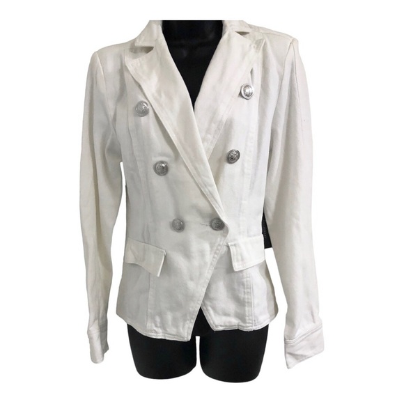 White stretch denim double breasted military style jean‎ jacket size medium new - Picture 11 of 16